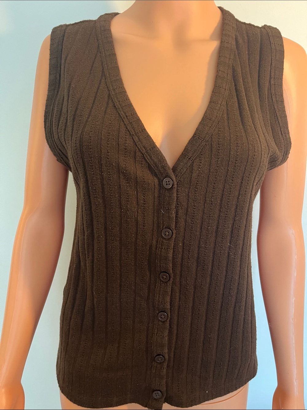 LOFT Brown Ribbed V-Neck Button Front Sleeveless Sweater Vest